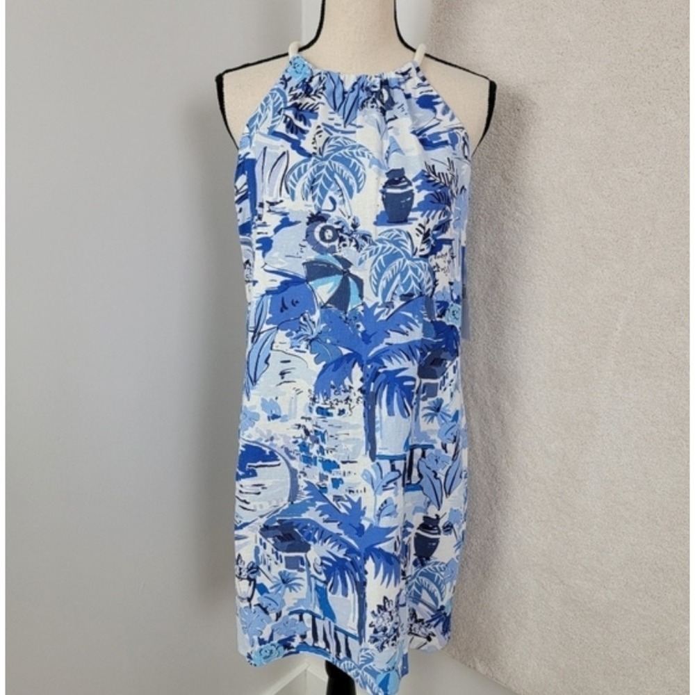 NWT London Times Blue White Tropical Palm Halter Dress Womens 8 Linen Blend New - Picture 2 of 11